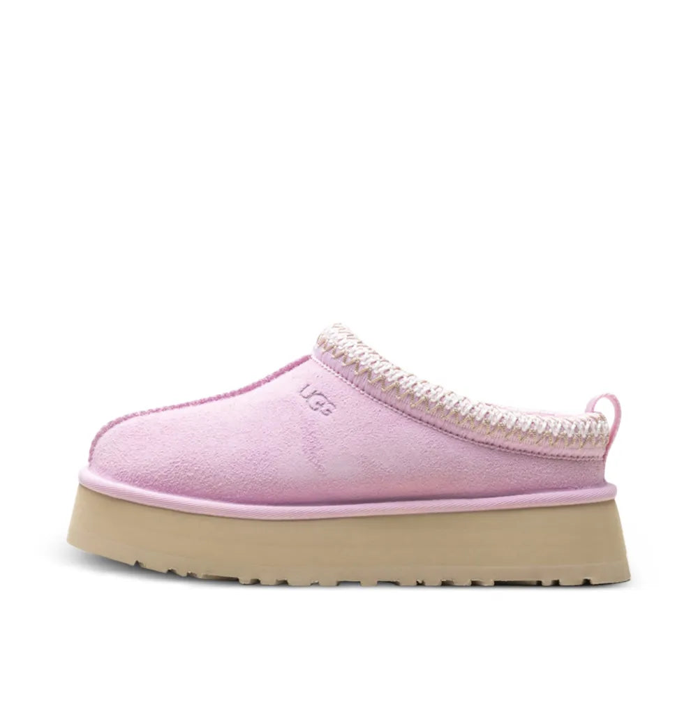 Pink suede platform slipper, side view