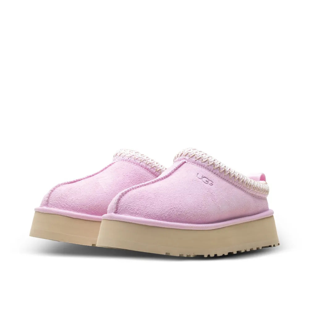 Pink suede platform slipper, front view