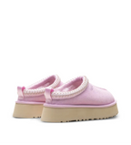 Pink suede platform slipper, back view with pull tab