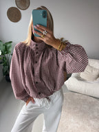 Check Blouse with Bow - Red