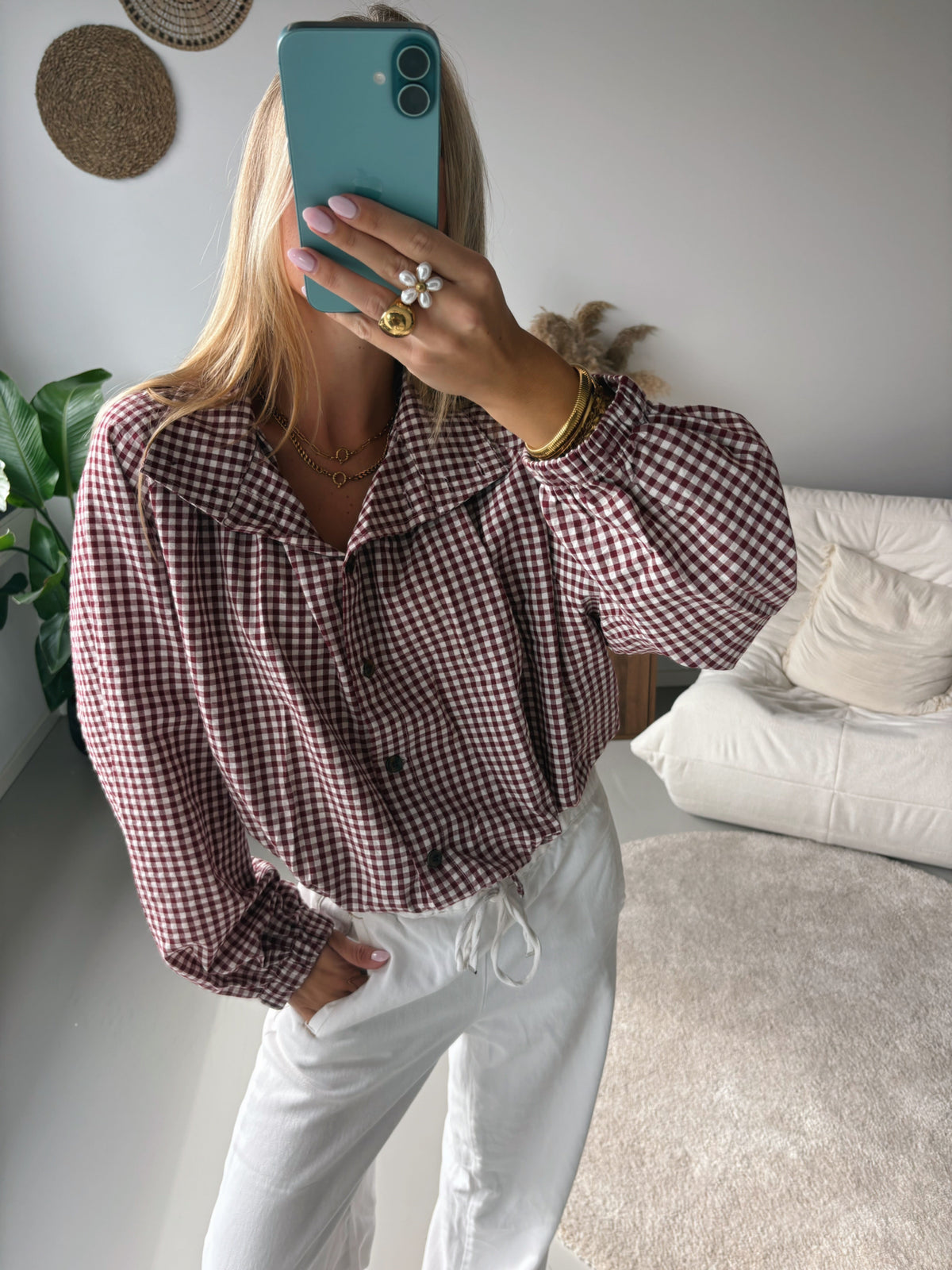 Check Blouse with Bow - Red