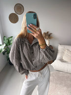 Check Blouse with Bow - Brown