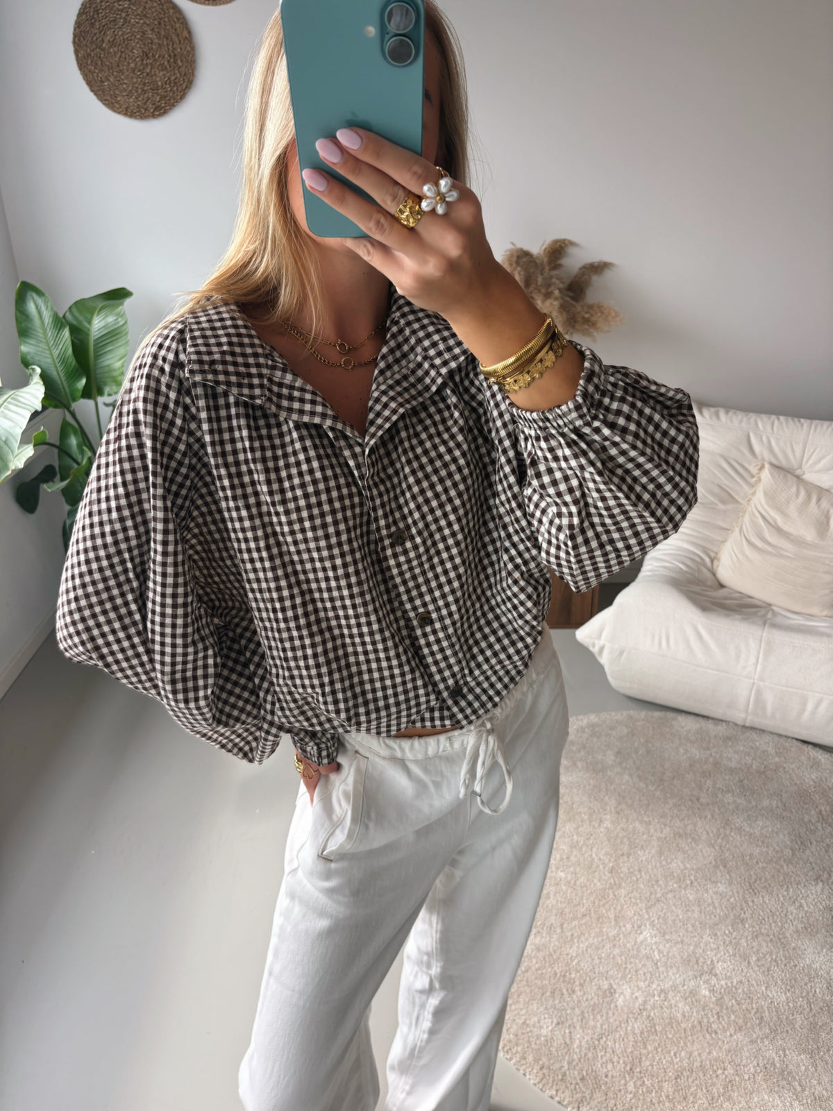 Check Blouse with Bow - Brown