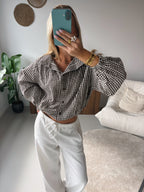Check Blouse with Bow - Brown