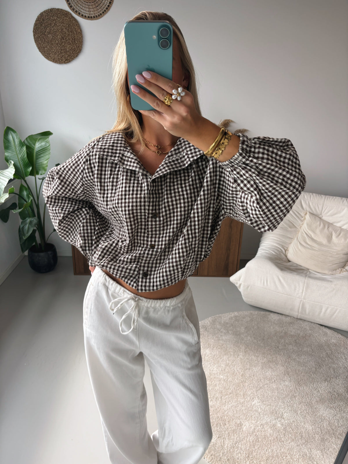 Check Blouse with Bow - Brown
