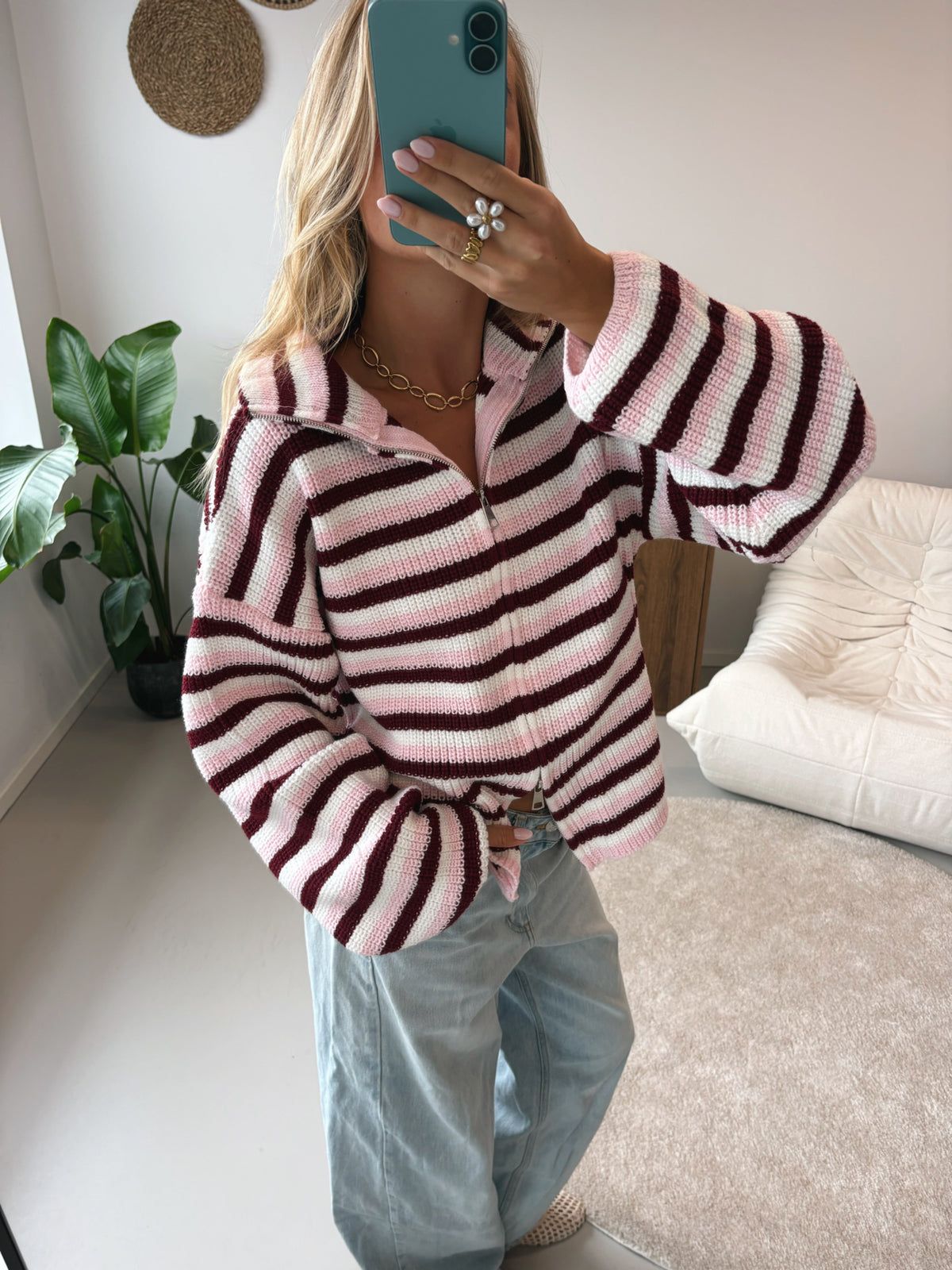 Zip Cardigan - Pink and White