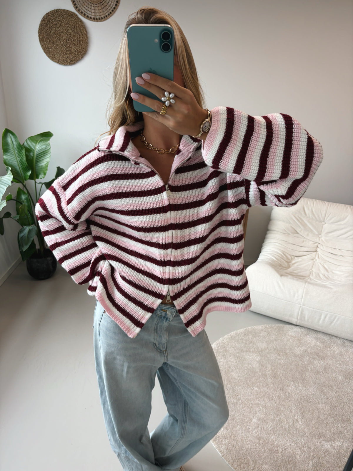 Zip Cardigan - Pink and White