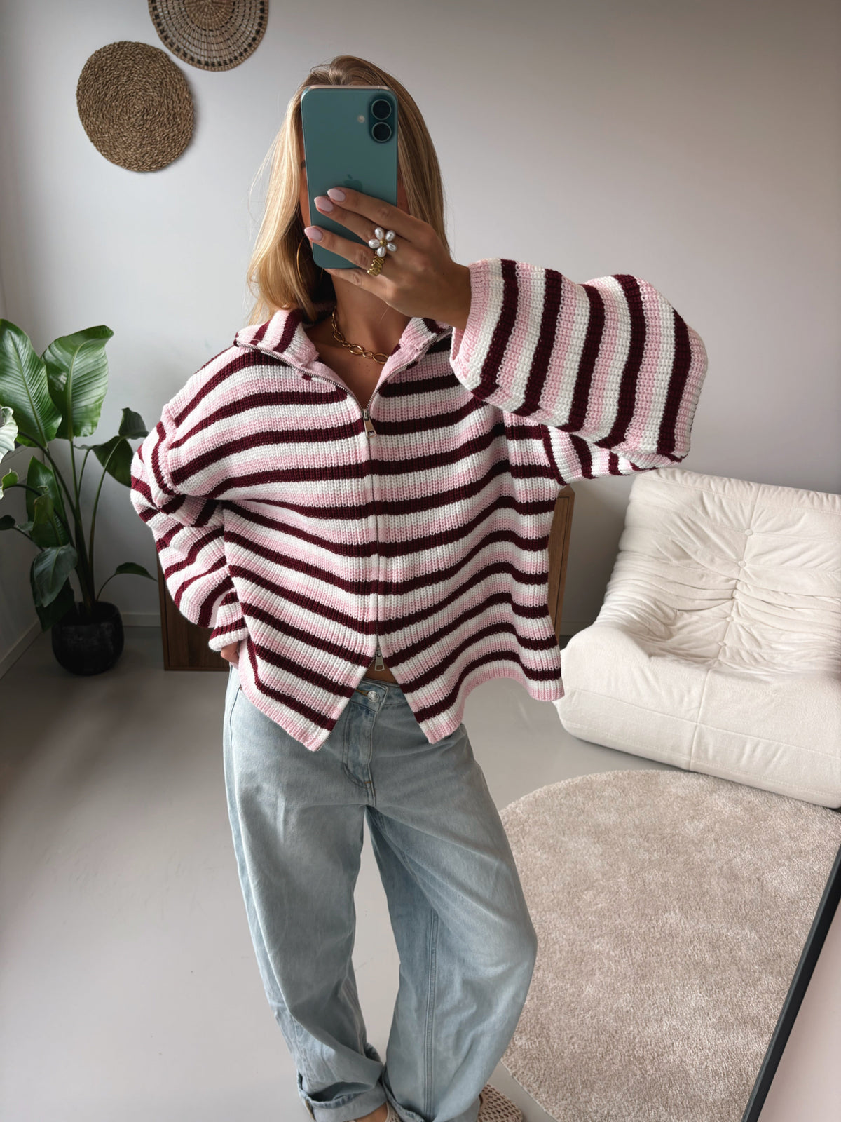 Zip Cardigan - Pink and White