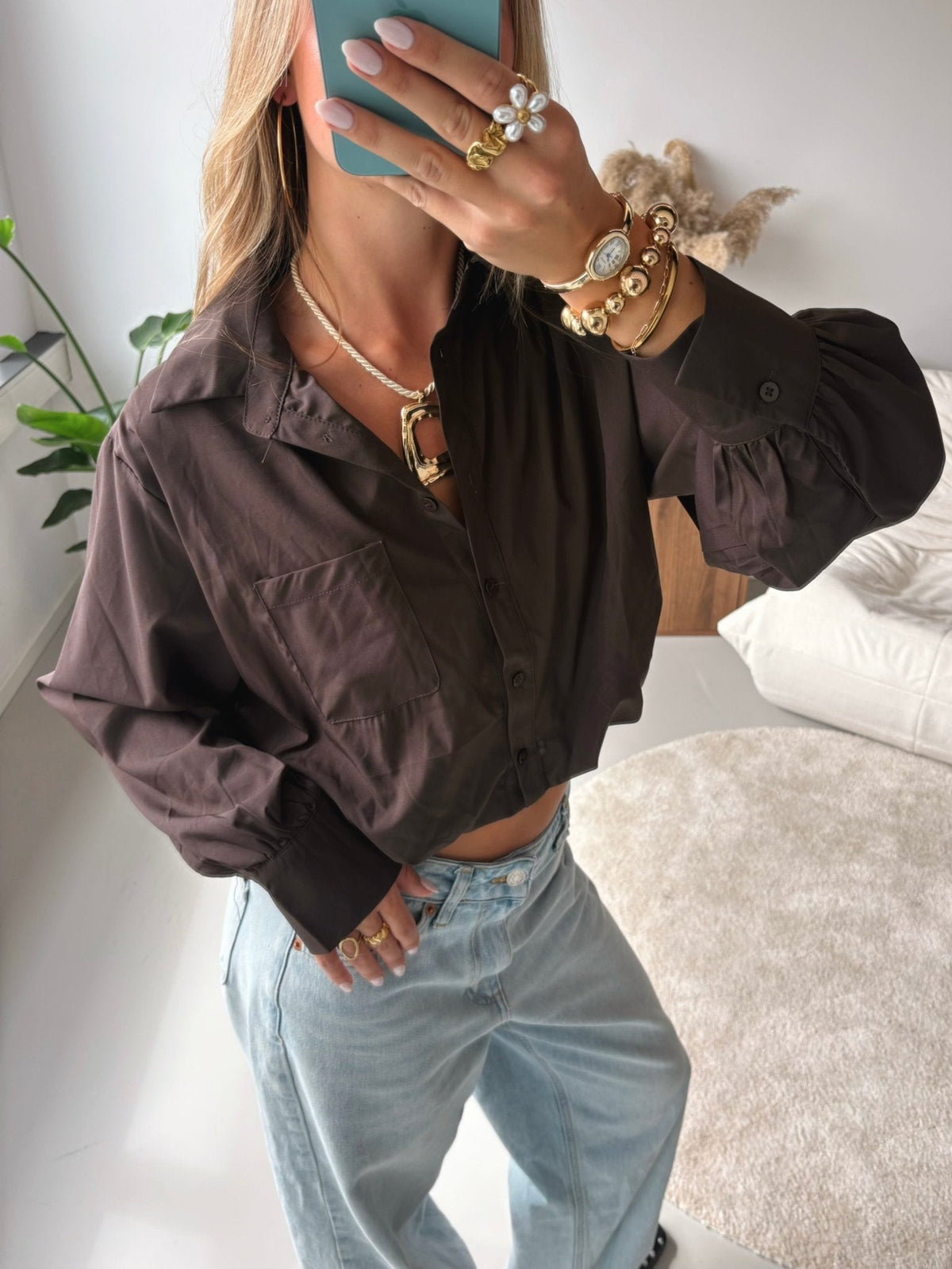 Balloon-Cut Blouse - Brown