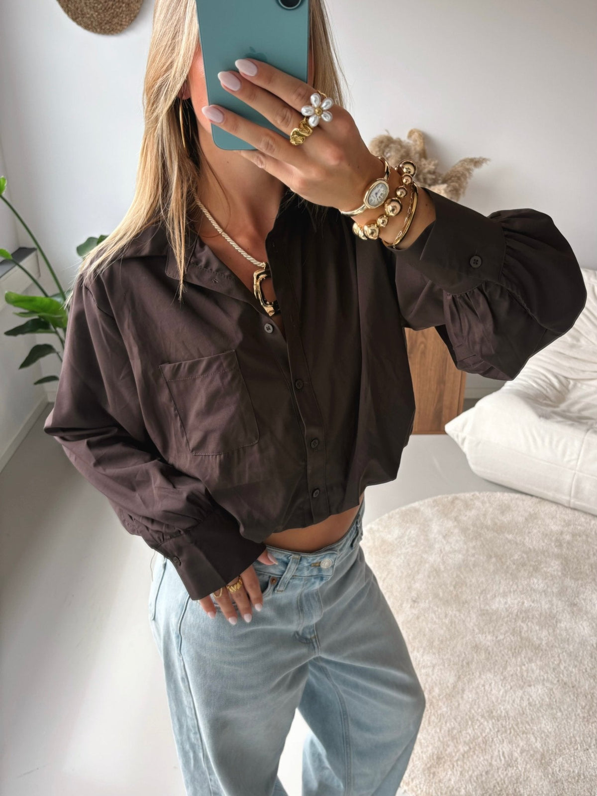 Balloon-Cut Blouse - Brown