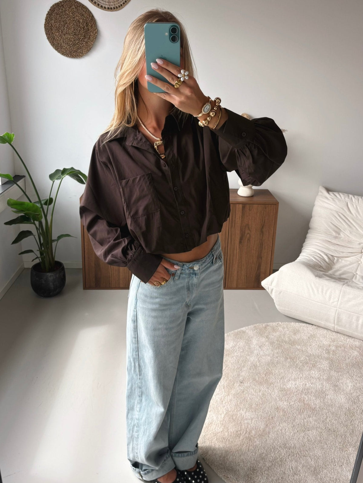 Balloon-Cut Blouse - Brown