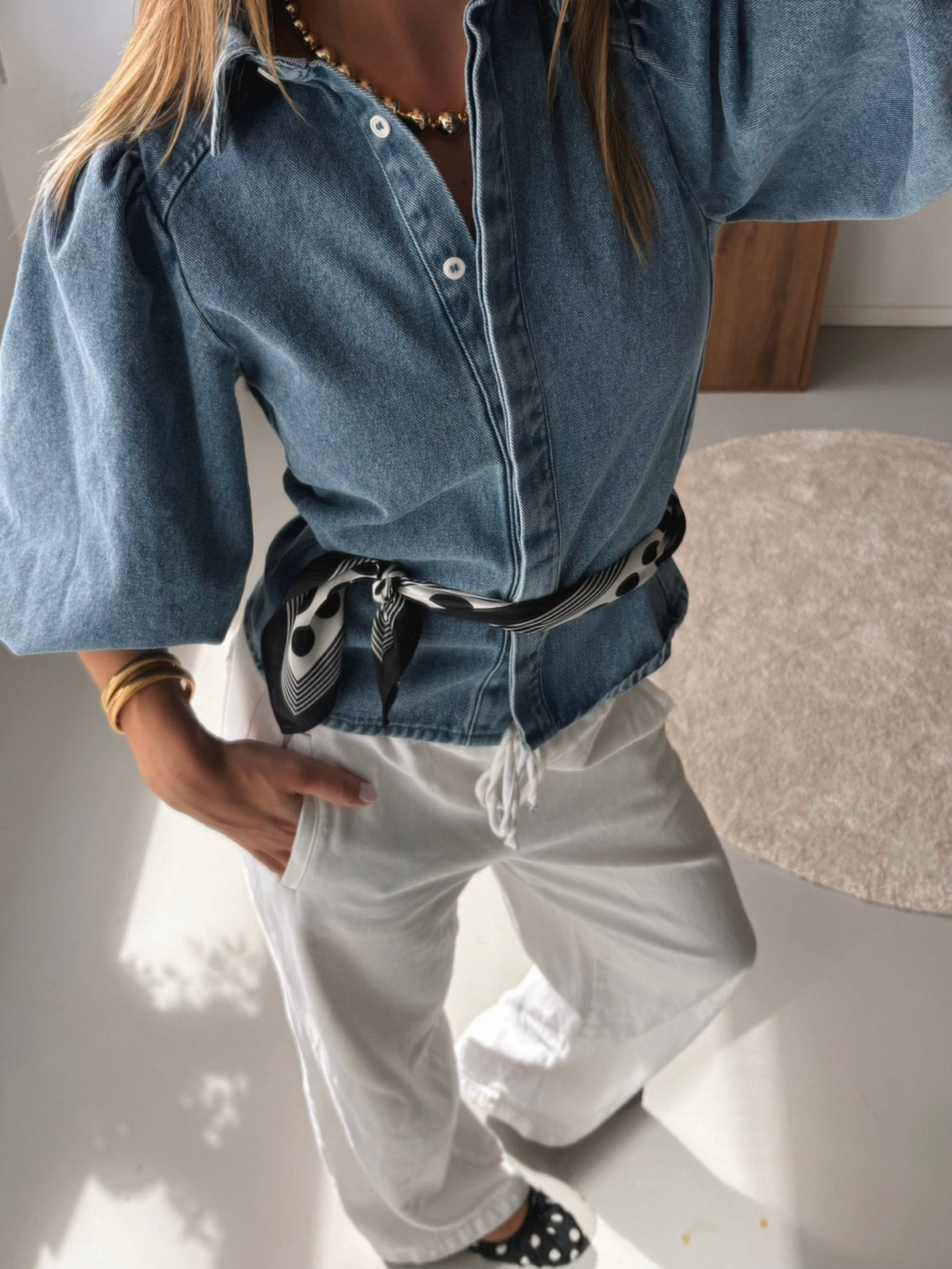 Denim Blouse with Puff Sleeves