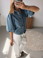 Denim Blouse with Puff Sleeves