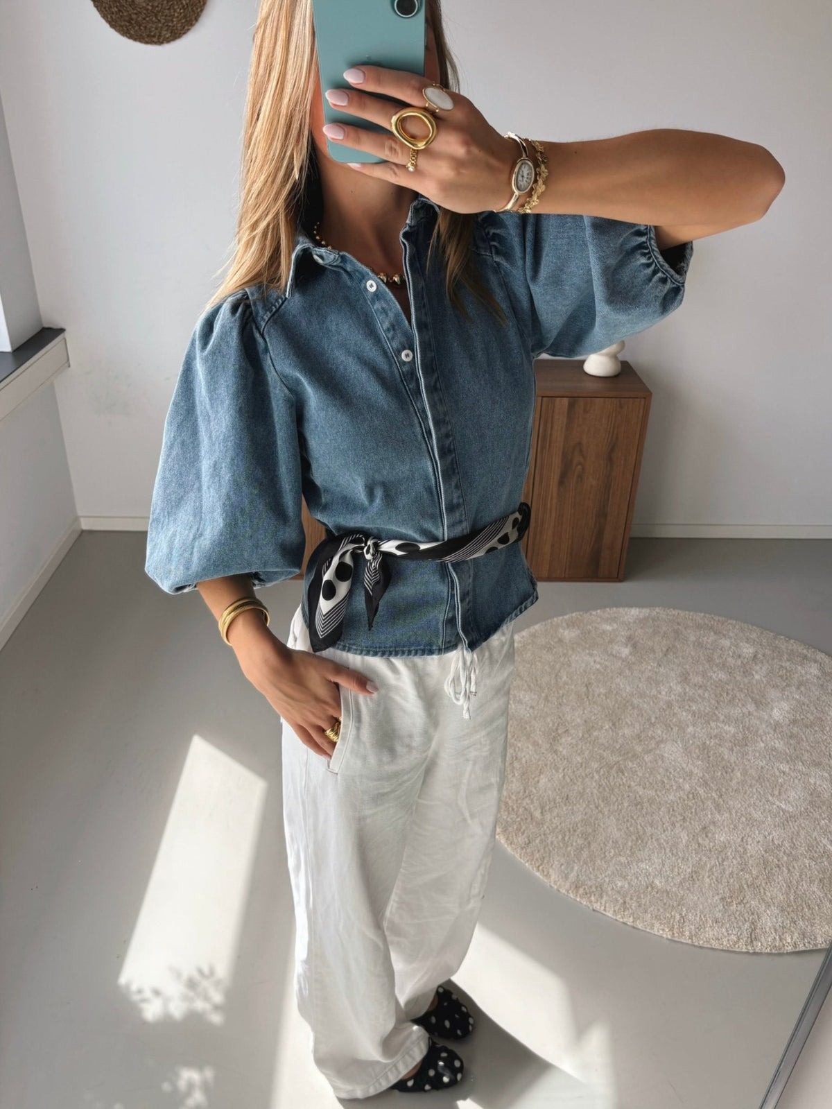 Denim Blouse with Puff Sleeves