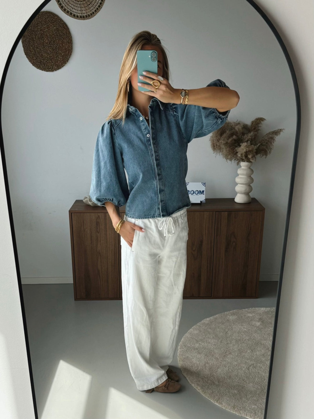 Denim Blouse with Puff Sleeves